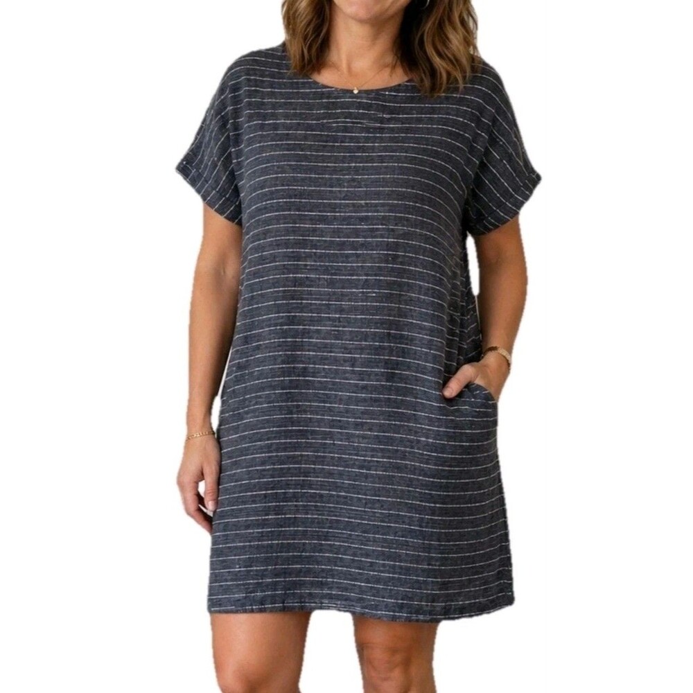Eileen Fisher Organic Linen Striped Tunic Dress Sz PS Petite Lagenlook Resort